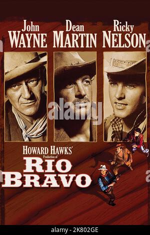 John Wayne, Dean Martin & Ricky Nelson Poster Film: Rio Bravo (USA 1959) Regie: Howard Hawks 18 March 1959 **WARNUNG** Dieses Foto ist nur für redaktionelle Zwecke bestimmt und unterliegt dem Copyright von WARNER BROS. Und/oder des Fotografen, der von der Film- oder Produktionsfirma beauftragt wurde und nur durch Publikationen im Zusammenhang mit der Bewerbung des oben genannten Films reproduziert werden kann. Eine obligatorische Gutschrift an WARNER BROS. Ist erforderlich. Der Fotograf sollte auch bei Bekanntwerden des Fotos gutgeschrieben werden. Ohne schriftliche Genehmigung der Film Company kann keine kommerzielle Nutzung gewährt werden. Stockfoto