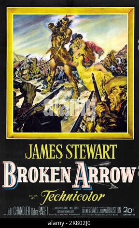 Jeff Chandler, Debra Paget & James Stewart Movie Poster Film: Broken Arrow (USA 1950) Regie: Delmer Daves 20 July 1950 **WARNUNG** Dieses Foto ist nur für den redaktionellen Gebrauch bestimmt und unterliegt dem Copyright von 20. CENTURY FOX und/oder des Fotografen, der von der Film- oder Produktionsfirma beauftragt wurde und darf nur durch Publikationen im Zusammenhang mit der Bewerbung des oben genannten Films reproduziert werden. Eine obligatorische Gutschrift an 20. CENTURY FOX ist erforderlich. Der Fotograf sollte auch bei Bekanntwerden des Fotos gutgeschrieben werden. Ohne schriftliche Genehmigung der Film Company kann keine kommerzielle Nutzung gewährt werden. Stockfoto