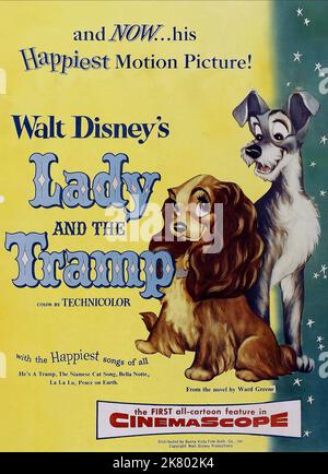 Lady & Tramp Poster Film: Lady and the Tramp (USA 1955) Regie: Clyde Geronimi, Wilfred Jackson, Hamilton Luske, Regie: C Geronimi, W Jackson, H Luske 16 June 1955 **WARNUNG** Dieses Foto ist nur für redaktionelle Zwecke bestimmt und unterliegt dem Copyright von DISNEY und/oder dem Fotografen, der von der Film- oder Produktionsfirma beauftragt wurde, und kann nur von Publikationen im Zusammenhang mit der Bewerbung des oben genannten Films reproduziert werden. Eine obligatorische Gutschrift an DISNEY ist erforderlich. Der Fotograf sollte auch bei Bekanntwerden des Fotos gutgeschrieben werden. Ohne schriftliche Genehmigung der Film Company kann keine kommerzielle Nutzung gewährt werden. Stockfoto