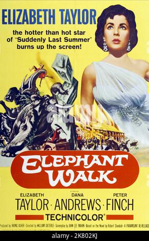 Elizabeth Taylor Poster Film: Elephant Walk (1954) Regie: William Dieterle 21. April 1954 **WARNUNG** Dieses Foto ist nur für redaktionelle Zwecke bestimmt und unterliegt dem Copyright von PARAMOUNT und/oder des Fotografen, der von der Film- oder Produktionsfirma beauftragt wurde und darf nur von Publikationen im Zusammenhang mit der Bewerbung des oben genannten Films reproduziert werden. Eine obligatorische Gutschrift an PARAMOUNT ist erforderlich. Der Fotograf sollte auch bei Bekanntwerden des Fotos gutgeschrieben werden. Ohne schriftliche Genehmigung der Film Company kann keine kommerzielle Nutzung gewährt werden. Stockfoto