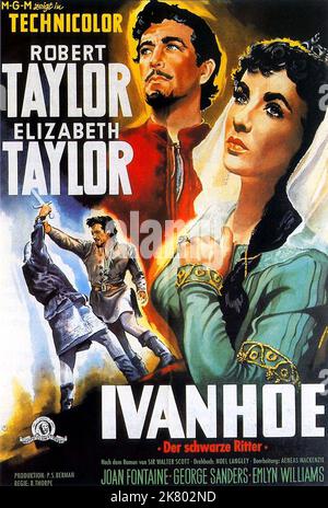 Robert Taylor & Elizabeth Taylor Poster Film: Ivanhoe (USA 1952) Regie: Richard Thorpe 12 June 1952 **WARNUNG** Dieses Foto ist nur für redaktionelle Zwecke bestimmt und unterliegt dem Copyright von MGM und/oder dem Fotografen, der von der Film- oder Produktionsfirma beauftragt wurde, und kann nur durch Publikationen im Zusammenhang mit der Bewerbung des oben genannten Films reproduziert werden. Eine obligatorische Gutschrift an MGM ist erforderlich. Der Fotograf sollte auch bei Bekanntwerden des Fotos gutgeschrieben werden. Ohne schriftliche Genehmigung der Film Company kann keine kommerzielle Nutzung gewährt werden. Stockfoto