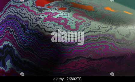 3D Rendering von abstraktem Objekt in hyperrealistischer Szene mit flüssigem Marmoreffekt-Muster und irisierender grungy Textur. Stockfoto