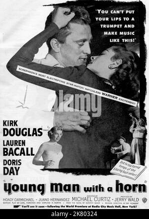 Kirk Douglas, Lauren Bacall & Doris Day Poster Film: Young man with A Horn (USA 1950) Charaktere: Rick Martin,Amy North / Titel auch: 'Der Jazztrompeter' oder 'Rhythmus, Leidenschaft und Liebe' Regie: Michael Curtiz 09 February 1950 **WARNUNG** Dieses Foto ist nur für den redaktionellen Gebrauch bestimmt und unterliegt dem Copyright von WARNER BROS. Und/oder des Fotografen, der von der Film- oder Produktionsfirma beauftragt wurde und nur durch Publikationen im Zusammenhang mit der Bewerbung des oben genannten Films reproduziert werden kann. Eine obligatorische Gutschrift an WARNER BROS. Ist erforderlich. Der Fotograf sollte auch bei Bekanntwerden des Fotos gutgeschrieben werden. Keine Kommunikation Stockfoto