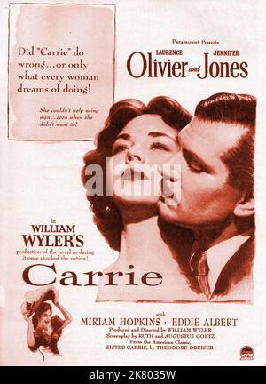 Jennifer Jones & Laurence Olivier Film Poster Film: Carrie (1953) Charaktere: Carrie Meeber & 07 May 1952 **WARNUNG** Dieses Foto ist nur für den redaktionellen Gebrauch bestimmt und unterliegt dem Copyright von PARAMOUNT und/oder des Fotografen, der von der Film- oder Produktionsfirma beauftragt wurde, und kann nur von Publikationen im Zusammenhang mit der Bewerbung des oben genannten Films reproduziert werden. Eine obligatorische Gutschrift an PARAMOUNT ist erforderlich. Der Fotograf sollte auch bei Bekanntwerden des Fotos gutgeschrieben werden. Ohne schriftliche Genehmigung der Film Company kann keine kommerzielle Nutzung gewährt werden. Stockfoto