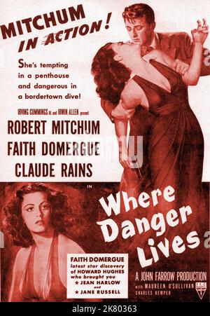 Robert Mitchum & Faith Domergue Poster Film: Where Danger Lives (1954) Charaktere: Dr. Jeff Cameron & Regie: John Farrow 14 July 1950 **WARNUNG** Dieses Foto ist nur für redaktionelle Zwecke bestimmt und unterliegt dem Copyright von RKO und/oder dem von der Film- oder Produktionsfirma beauftragten Fotografen und kann nur von Publikationen im Zusammenhang mit der Bewerbung des oben genannten Films reproduziert werden. Eine obligatorische Gutschrift an RKO ist erforderlich. Der Fotograf sollte auch bei Bekanntwerden des Fotos gutgeschrieben werden. Ohne schriftliche Genehmigung der Film Company kann keine kommerzielle Nutzung gewährt werden. Stockfoto