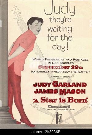 Judy Garland Poster Film: A Star is Born (USA 1954) Regie: George Cukor 29. September 1954 **WARNUNG** Dieses Foto ist nur für redaktionelle Zwecke bestimmt und unterliegt dem Copyright von WARNER BROS. Und/oder des Fotografen, der von der Film- oder Produktionsfirma beauftragt wurde und nur durch Publikationen im Zusammenhang mit der Bewerbung des oben genannten Films reproduziert werden kann. Eine obligatorische Gutschrift an WARNER BROS. Ist erforderlich. Der Fotograf sollte auch bei Bekanntwerden des Fotos gutgeschrieben werden. Ohne schriftliche Genehmigung der Film Company kann keine kommerzielle Nutzung gewährt werden. Stockfoto