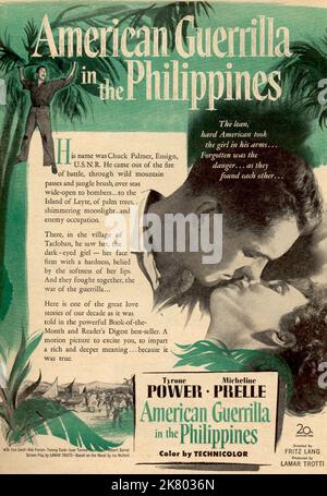 Tyrone Power & Micheline Presle Poster Film: American Guerrilla in the Philippines (USA 1950) / Literaturverfilmung (nach dem Buch von Ira Wolfert) Regie: Fritz lang 07. November 1950 **WARNUNG** Dieses Foto ist nur für redaktionelle Verwendung bestimmt und unterliegt dem Copyright von 20. CENTURY FOX und/oder des Fotografen, der von der Film- oder Produktionsfirma beauftragt wurde und darf nur durch Publikationen im Zusammenhang mit der Bewerbung des oben genannten Films reproduziert werden. Eine obligatorische Gutschrift an 20. CENTURY FOX ist erforderlich. Der Fotograf sollte auch bei Bekanntwerden des Fotos gutgeschrieben werden. Ohne wri kann keine kommerzielle Nutzung gewährt werden Stockfoto