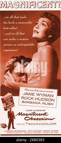 Rock Hudson & Jane Wyman Poster Film: Magnificent Obsession (1955) Charaktere: Bob Merrick & Regie: Douglas Sirk 04. August 1954 **WARNUNG** Dieses Foto ist nur für redaktionelle Zwecke bestimmt und unterliegt dem Copyright von UI und/oder des Fotografen, der von der Film- oder Produktionsfirma beauftragt wurde und darf nur von Publikationen im Zusammenhang mit der Bewerbung des oben genannten Films reproduziert werden. Eine obligatorische Gutschrift an die Benutzeroberfläche ist erforderlich. Der Fotograf sollte auch bei Bekanntwerden des Fotos gutgeschrieben werden. Ohne schriftliche Genehmigung der Film Company kann keine kommerzielle Nutzung gewährt werden. Stockfoto