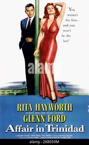 Glenn Ford & Rita Hayworth Poster Film: Affäre In Trinidad (1951) Charaktere: Steve Emery & Regie: Vincent Sherman 30 June 1952 **WARNUNG** Dieses Foto ist nur für redaktionelle Verwendung bestimmt und unterliegt dem Copyright von COLUMBIA und/oder dem von der Film- oder Produktionsfirma beauftragten Fotografen und kann nur von Publikationen im Zusammenhang mit der Bewerbung des oben genannten Films reproduziert werden. Eine obligatorische Gutschrift an COLUMBIA ist erforderlich. Der Fotograf sollte auch bei Bekanntwerden des Fotos gutgeschrieben werden. Ohne schriftliche Genehmigung der Film Company kann keine kommerzielle Nutzung gewährt werden. Stockfoto