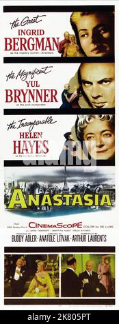 Ingrid Bergman, Yul Brynner & Helen Hayes Poster Film: Anastasia (USA 1956) Regie: Anatole Litvak 13. Dezember 1956 **WARNUNG** Dieses Foto ist nur für redaktionelle Verwendung bestimmt und unterliegt dem Copyright von 20. CENTURY FOX und/oder des Fotografen, der von der Film- oder Produktionsfirma beauftragt wurde, und kann nur durch Publikationen im Zusammenhang mit der Bewerbung des oben genannten Films reproduziert werden. Eine obligatorische Gutschrift an 20. CENTURY FOX ist erforderlich. Der Fotograf sollte auch bei Bekanntwerden des Fotos gutgeschrieben werden. Ohne schriftliche Genehmigung der Film Company kann keine kommerzielle Nutzung gewährt werden. Stockfoto