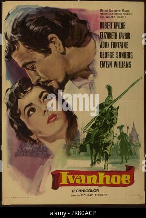 Robert Taylor & Elizabeth Taylor Film Poster Film: Ivanhoe (USA 1952) Charaktere: Ivanhoe & Regie: Richard Thorpe 12 June 1952 **WARNUNG** Dieses Foto ist nur für redaktionelle Zwecke bestimmt und unterliegt dem Copyright von MGM und/oder dem Fotografen, der von der Film- oder Produktionsfirma beauftragt wurde, und kann nur durch Publikationen im Zusammenhang mit der Bewerbung des oben genannten Films reproduziert werden. Eine obligatorische Gutschrift an MGM ist erforderlich. Der Fotograf sollte auch bei Bekanntwerden des Fotos gutgeschrieben werden. Ohne schriftliche Genehmigung der Film Company kann keine kommerzielle Nutzung gewährt werden. Stockfoto