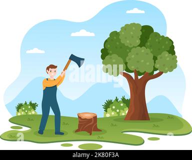 Menschen Baumschnitt und Holz mit LKW, Kettensäge Holz und Werkzeuge Protokollierung im Wald auf flachen Cartoon Handgezeichnete Vorlagen Illustration Stock Vektor
