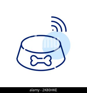 Futterschüssel sendet ein Signal an das Smart-Home-System. Pixel-perfektes, bearbeitbares Strichsymbol Stock Vektor