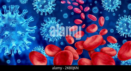 Blutvirus-Konzept Virusausbruch und Infektionshintergrund als gefährlicher Erreger Stammfall als pandemisches medizinisches Gesundheitsrisiko-Konzept mit Krankheit. Stockfoto