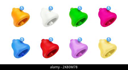 3D Render Benachrichtigung Glocken, bunte ungelesene Nachricht auf Telefon oder Computer-Anwendung. Warnhinweis, Spam, Chat-Box, isolierte Symbole für Onlinegespräche, Vektordarstellung im Cartoon-Plastikstil Stock Vektor