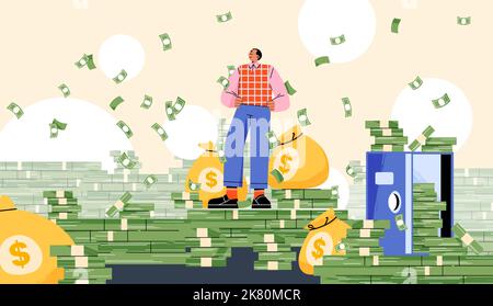 Reicher Mann, der unter Geldregen steht. Millionär oder erfolgreicher Geschäftsmann mit Bargeldstapeln, Scheine-Bundles, vollen Geldbeuteln, sicheren und fallenden Banknoten-Bündeln, Vektor-Flat-Illustration Stock Vektor