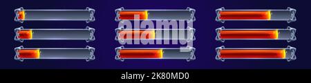 Fortschrittsbalken zum Laden von Spielen mit glühender roter Lava. Cartoon gui Elemente, voller und leerer Status und Ressourcen Skalen von Macht, Leben, Gesundheit oder Zauberspruch, Geld und Zeit Vermögenswerte Vektor-Illustration, Set Stock Vektor