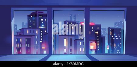Leeres Zimmer, Inneneinrichtung des Nachtbüros mit Blick auf die Stadt durch große raumhohe Fenster. Open Space Coworking Area, Art Studio Workplace, Boardroom für Business-Zusammenarbeit Cartoon-Vektor-Illustration Stock Vektor