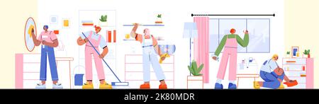 Reinigungskräfte reinigen das Innere des Hauses oder Büros. Das Reinigungsteam arbeitete in Uniform mit Werkzeugen, die Zimmermädchen wuschen das schmutzige Zimmer. Professionelle Mitarbeiter mit Werkzeugen, Lineare Vektorgrafik Stock Vektor