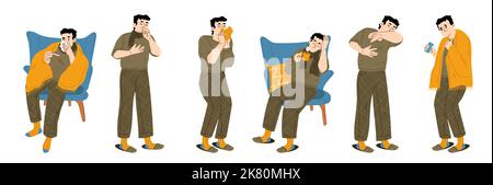 Kranker Mann, Person mit Virusinfektion und Symptomen einer Atemwegserkrankung. Kranker männlicher Charakter Husten und Niesen, Kopfschmerzen, Halsschmerzen, laufende Nase, Fieber, Cartoon lineare flache Vektor-Illustration Stock Vektor