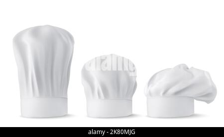Küchenhüte, Kochkappen und Bäckertoques realistisches Mockup. Weißes Restaurant einheitliche Kopfbedeckung, professionelle kleine, mittlere und große französische Kleidung des Küchenpersonals, 3D Vektor-Illustration Stock Vektor