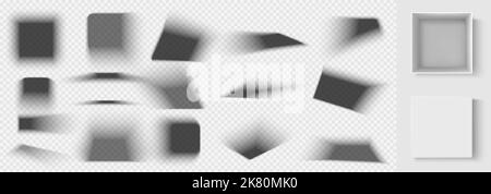 Overlay-Effekt mit quadratischen Schatten und Modell mit offener Box und Deckelansicht von oben. Realistische transparente Farbtöne, die von Objekten auf dem Boden oder an der Wand fallen, mit weichen schwarzen Kanten und Ecken, 3D Vektorgrafik Stock Vektor