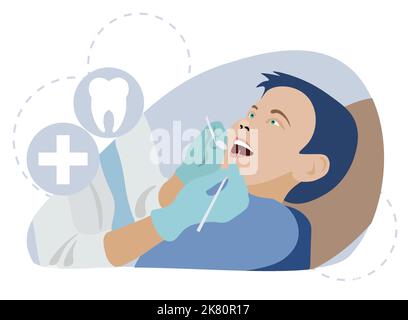 Zahnarzt, der Jungen Zähne in einem Zahnarztbüro überprüft. Richtige Zahnpflege. Stock Vektor