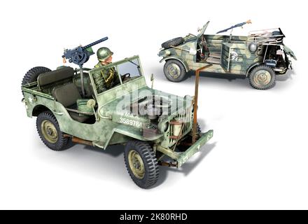 Illustration eines Willys Jeeps und eines deutschen Kubelwaggen Autos aus dem Zweiten Weltkrieg Stockfoto