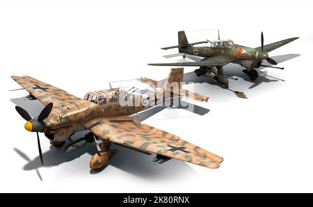 Detaillierte Aufnahme von zwei Versionen des legendären Ju 87 Stuka Tauchbombers. Stockfoto