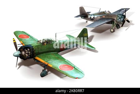 Vergleich zweier Kampfflugzeuge, der japanischen A6M Zero und der amerikanischen F4F Wildcat. Stockfoto