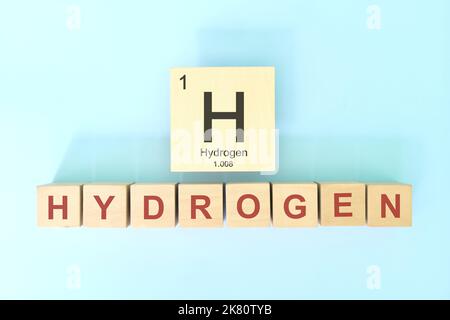 Wasserstoff-chemisches Element-Symbol mit atomarer Masse und atomarer Zahl in Holzblöcken flache Lay-Zusammensetzung. Chemie und Wissenschaft Konzept. Stockfoto