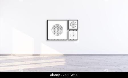 Drei moderne quadratische schwarze Rahmen Mockup Design-Vorlage mit heiligen Geometrie Symbole, 3 moderne Rahmen für Galerie Wand Mockup, 3D Abbildung weiß w Stockfoto