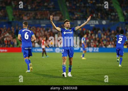 Getafe, Spanien. 18. Oktober 2022. Munir El Haddadi (Getafe) Fußball: Munir feiert nach seinem Tor beim spanischen Spiel 'La Liga Santander' zwischen Getafe CF 2-2 Athletic Club de Bilbao im Coliseum Alfonso Perez in Getafe, Spanien . Quelle: Mutsu Kawamori/AFLO/Alamy Live News Stockfoto