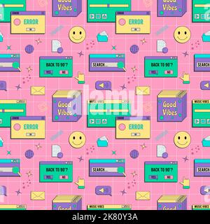 Vaporwave UI und UX Elemente nahtloses Muster. PC-Retro-Spielrahmen. Nostalgischer Stil 70s, 80s, 90s Stock Vektor