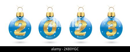 Zahlen 2023 aus goldenen Konfetti in roten Neujahrskugeln, Weihnachtsbaumschmuck. Festliches Layout für Banner, Poster, Grußkarten im New Stock Vektor