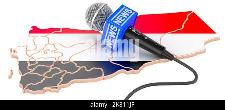Jemenitische Nachrichtenkonzeption, Mikrofonnachrichten auf der Karte des Jemen. 3D Darstellung isoliert auf weißem Hintergrund Stockfoto