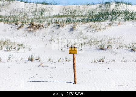 Dünenlandschaft an der Küste von Sankt Peter-Ording, mit Schild: Dünenschutz ist Küstenschutz! Nicht Eintreten Stockfoto