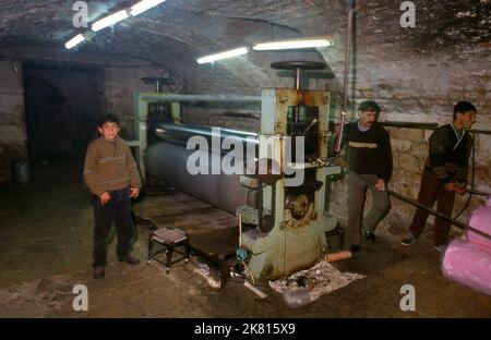 Syrien: Unterirdische Färbeoperation im alten Großen Basar, Aleppo (1997). Der große Basar von Aleppo (auf Arabisch, suq oder suq) wurde zuerst von den ägyptischen Mamelukes, die die Mongolen vertrieben hatten, und dann, nach 1516, von den Türken, die Aleppo in das Osmanische Reich eingliederte, wieder aufgebaut. Während des syrischen Bürgerkrieges, der 2011 begann, erlitten die historischen Suqs von Aleppo schwere Schäden. Aleppo, die zweite Stadt Syriens, ist wahrscheinlich die längste kontinuierlich bewohnte Siedlung der Welt. Sein arabischer Name, Halab, wird in semitischen Texten des dritten Jahrtausends v. Chr. erwähnt. Stockfoto