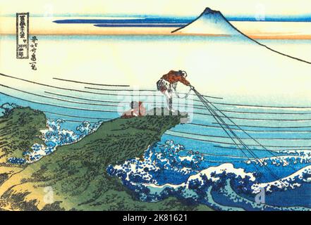 Japan: ‘Kajikazawa in der Provinz Kai’. Ukiyo-e Holzschnitt aus der Serie ‘36 Ansichten des Fuji’ von Katsushika Hokusai (31. Oktober 1760 - 10. Mai 1849), c. 1830. ‘36 Views of Mount Fuji’ ist eine ‘„Sukiyo-e“-Serie großer Holzschnitte der Künstlerin Katsushika Hokusai. Die Serie zeigt den Fuji in unterschiedlichen Jahreszeiten und Wetterbedingungen an verschiedenen Orten und Entfernungen. Es besteht tatsächlich aus 46 Drucken, die zwischen 1826 und 1833 entstanden sind. Die ersten 36 wurden in die Originalpublikation aufgenommen, und aufgrund ihrer Popularität wurden nach der Originalpublikation 10 weitere hinzugefügt. Stockfoto