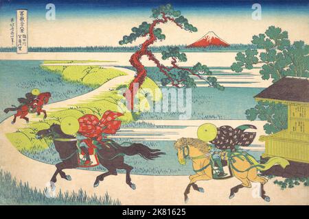 Japan: ‘Sekiya Village on the Sumida River’. Ukiyo-e Holzschnitt aus der Serie ‘Thirty-Six views of Mount Fuji’ von Katsushika Hokusai (31. Oktober 1760 - 10. Mai 1849), 1830. ‘Thirty-Six Views of Mount Fuji’ ist eine Serie von Holzschnitten der japanischen Künstlerin Katsushika Hokusai, die „Sukiyo-e“ ‘. Die Serie zeigt den Fuji in unterschiedlichen Jahreszeiten und Wetterbedingungen an verschiedenen Orten und Entfernungen. Es besteht tatsächlich aus 46 Drucken, die zwischen 1826 und 1833 entstanden sind. Die ersten 36 wurden in die ursprüngliche Publikation aufgenommen und aufgrund ihrer Popularität kamen 10 weitere hinzu. Stockfoto