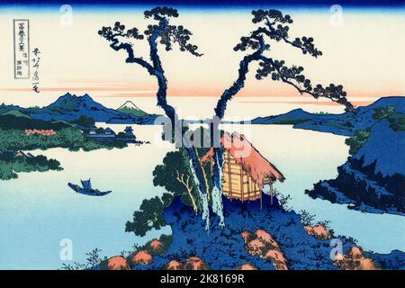 Japan: ‘Lake Suwa in der Provinz Shinano’. Ukiyo-e Holzschnitt aus der Serie ‘36 Ansichten des Fuji’ von Katsushika Hokusai (31. Oktober 1760 - 10. Mai 1849), c. 1830. ‘36 Views of Mount Fuji’ ist eine ‘„Sukiyo-e“-Serie großer Holzschnitte der Künstlerin Katsushika Hokusai. Die Serie zeigt den Fuji in unterschiedlichen Jahreszeiten und Wetterbedingungen an verschiedenen Orten und Entfernungen. Es besteht tatsächlich aus 46 Drucken, die zwischen 1826 und 1833 entstanden sind. Die ersten 36 wurden in die Originalpublikation aufgenommen, und aufgrund ihrer Popularität wurden nach der Originalpublikation 10 weitere hinzugefügt. Stockfoto
