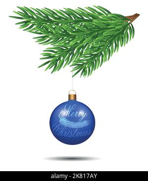 Blaue Weihnachtsbaumkugel, die an einem grünen Fichtenzweig hängt. Auf einem transparenten Hintergrund. Vorlage für Text Stock Vektor