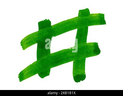 Grüner Hashtag, gemalt mit einem Aquarellpinsel. Stockfoto