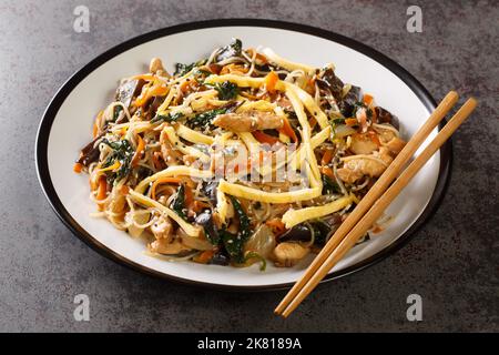 Koreanische Küche Japchae mit Fleisch, Ei, Vermicelli und Gemüse Nahaufnahme auf dem Teller auf dem Tisch. Horizontal Stockfoto