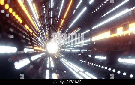 Sci-Fi-Tunnel aus Metall mit Lichtstreifen. 3D Rendern. Stockfoto