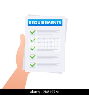 Dokument mit Spezifikationen zu den Anforderungen. Beschreibung der Benutzeraufgabe im Dokument. Vektorgrafik. Stock Vektor