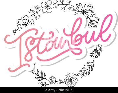 Istanbul. Handbeschriftetem Text. Vektor-Logo von Istanbul in schwarzer Farbe mit Möwen auf weißem Hintergrund. Souvenir-Produkte, Banner-Emblem, Reise-Blog Stock Vektor