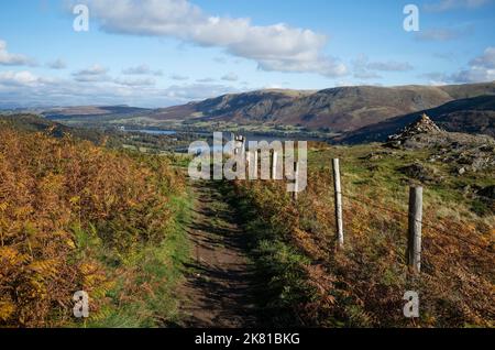 Blick über den Lake Ullswater in Richtung Sharrow Bay und den entfernten Pennines von Yew Crag (oberhalb der Aira Force), Lake District, Cumbria, Großbritannien Stockfoto