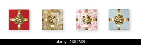 Sammlung von realistischen Geschenkboxen, dekorative Geschenke isoliert auf weißem Hintergrund. Vektorgrafik. Stock Vektor