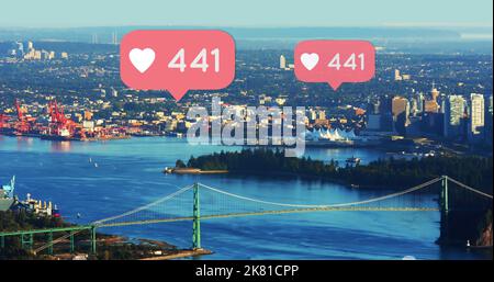 Uber Herzformen und 441-Zahl in Sprechblasen aus der Luftaufnahme des Stadtbildes Stockfoto